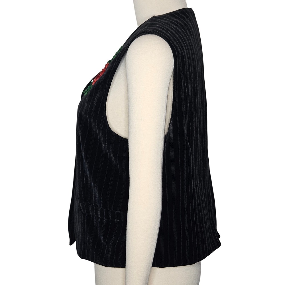 VTG Rafaella Black Velvet Pinstripe Vest Poinsettia Holiday Sequin Embellishment - Picture 4 of 8